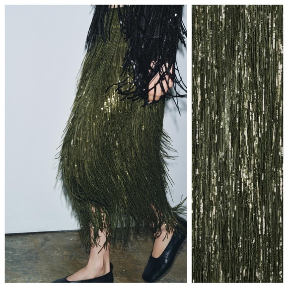 NWT. Zara ZW Collection Limited Edition Green Sequin Pencil Skirt. Size XS. - Picture 4 of 11